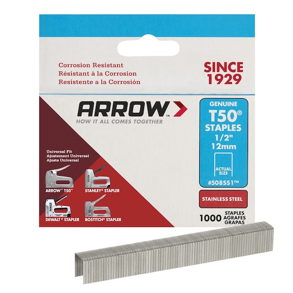 Arrow Fastener Heavy Duty Staples, T50, 18 ga, Flat Crown, 1/2 in Leg L, Stainless Steel, 1000 PK 508SS1 - main